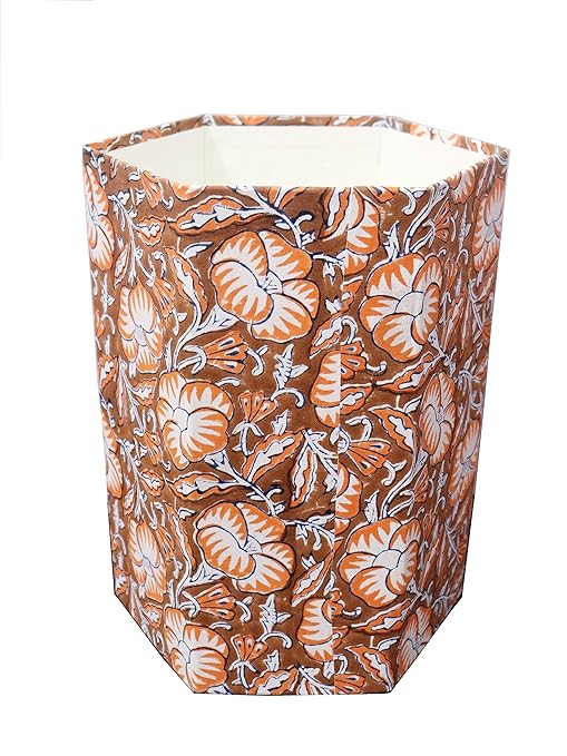 Christmas Decorative Hand Block Printed Waste Basket/Trash Can/Garbage Can/Card Board Trash Can Housewarming Gift (Brown)