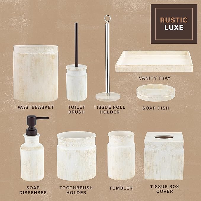 Creative Scents Rustic Luxe Bathroom Accessory Set Complete - 4 Piece Beige Bathroom Soap Dispenser Set has: Lotion Dispenser Toothbrush Holder Tumbler &amp Soap Dish Modern Farmhouse Bathroom Dec