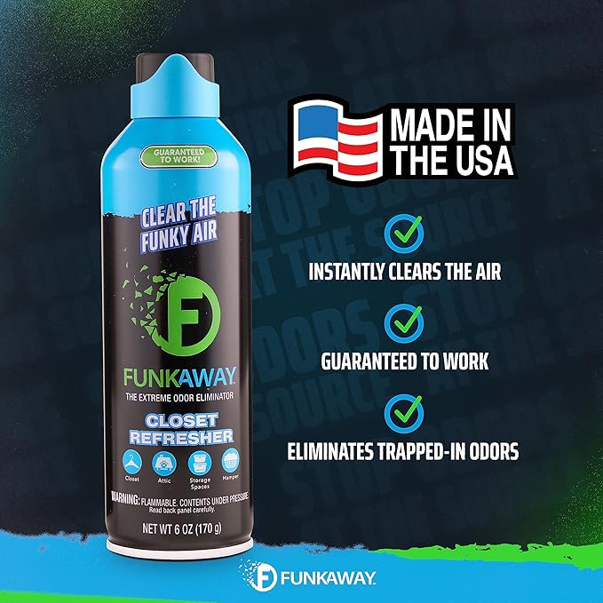 FunkAway Extreme Odor Eliminating Closet Refresher AeroSpray 6 oz. Odor Eliminating Spray Removes Musty Stuffy Sweaty and Stinky Airborne Odors