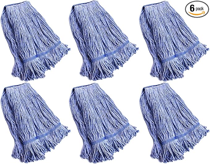 String Mop Heads Replacement Heavy Duty Commercial Grade Blue Cotton Looped End Wet Industrial Cleaning Mop Head Refills (6 Large)