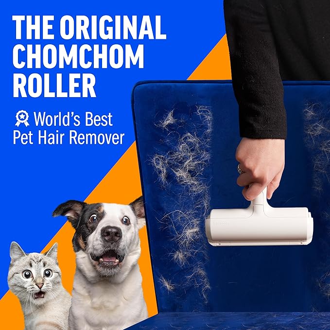 ChomChom Roller Pet Hair Remover – Original Size Reusable Lint Roller for Cat &amp Dog Hair on Furniture Couch Carpet Car Rugs &amp Bedding – Portable Eco-Friendly (White)