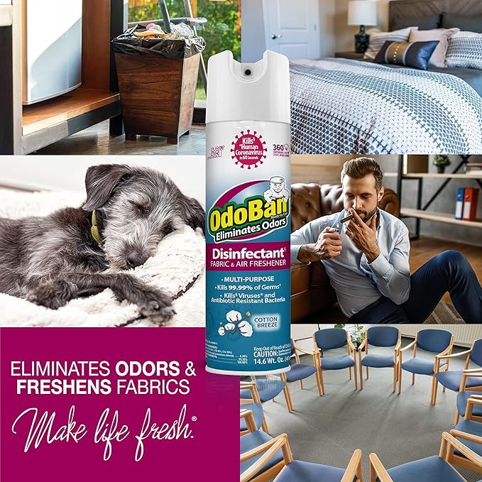 OdoBan Ready-to-Use 360-Degree Continuous Spray Disinfectant &amp Harsh Aroma Eliminator Fabric &amp Air Freshener Made in the USA Cotton Breeze Scent 14.6 Ounces 6 Pack
