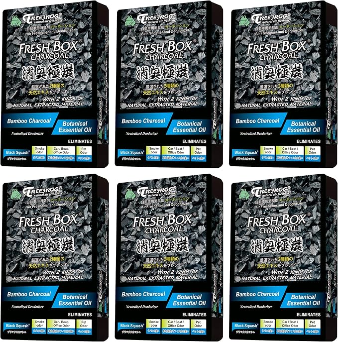 Treefrog Xtreme Fresh Box Charcoal Black Squash Scent 6-Pack Car Air Freshener Captures Eliminates Odors Purifies and Freshens Air Black Bamboo Charcoal 200g.