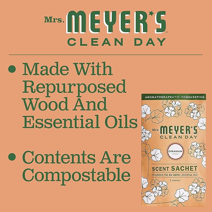MRS. MEYER'S Clean Day Air Freshener Sachets Fragrance for Your Locker Car Closet and Gym Bag Geranium Pack of 3