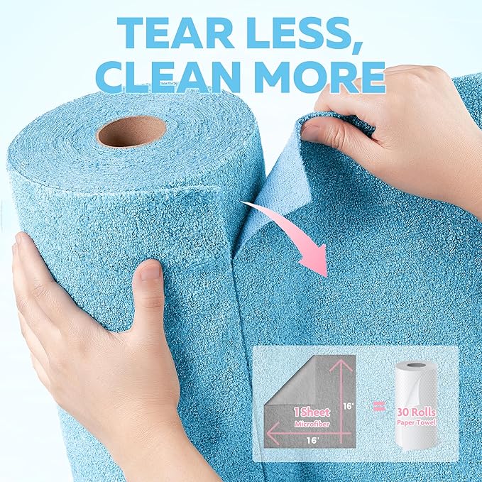 Fantasticlean XL Tear-Away Microfiber Cleaning Cloth Roll 16'' by 16''- 36 Sheets Thick &amp Large Detailing Towels Ultra Absorbent Lint-Free Reusable Wipes for All-Around Cleaning (Glossy Blue)
