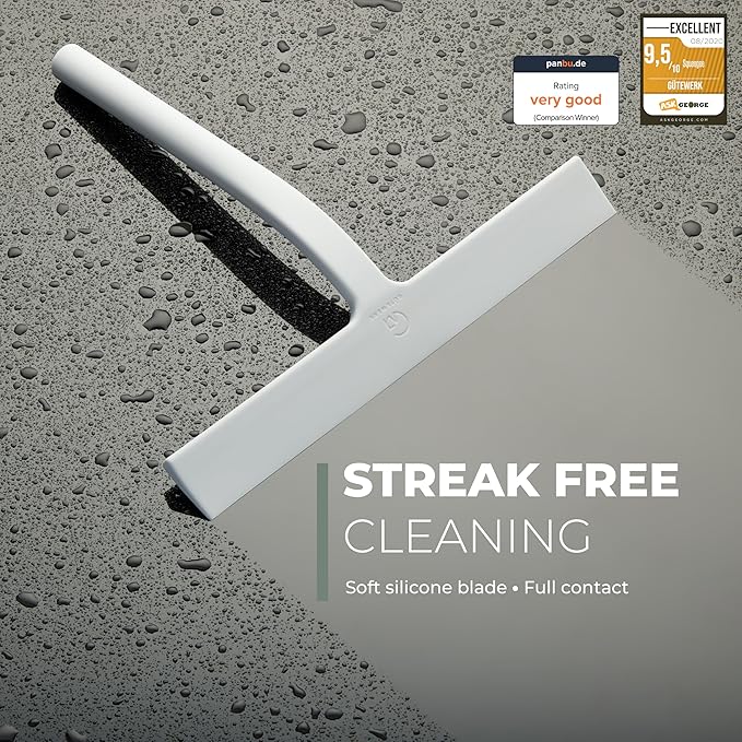 GÜTEWERK Shower Squeegee for Glass Doors Silicone Window Squeegee Bathroom and Glass Cleaning - White - 15 Inch