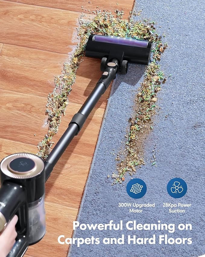 Cordless Vacuum Cleaner 28Kpa Powerful Suction with LED Display 8 in 1 Lightweight Stick Vacuum 50 Min Runtime Detachable Battery 1.5L Dust Cup for Carpet and Hard Floor Pet Hair Black