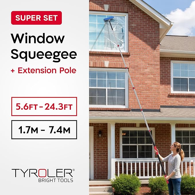 Tyroler Professional Window Squeegee with Extension Pole | 5.6-24.3ft Squeegee for Windows Cleaning | Outdoor Window Cleaner Tool Windows Washing Kit with Extension Pole | Window Cleaning Kit