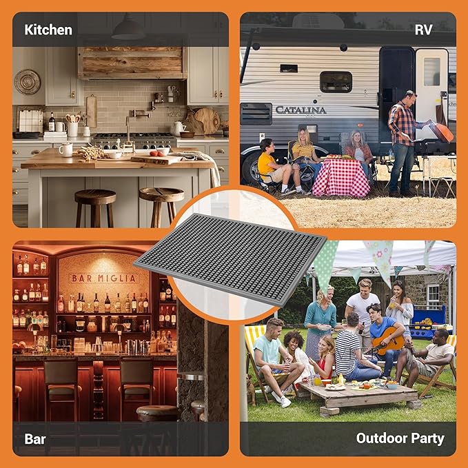 Bar Mat - 18X12(2 Pcs) Rubber Bar Mats for Countertop &amp Dish Drying Non-Slip Bartender Mat with Airflow Design for Home Bar Cocktail Set Kitchen &amp Outdoor Use (Gray)