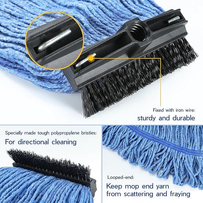 ONESIMUS Large Heavy-Duty Commercial Mop Head Replacement – Screw-On Wet Industrial Cotton Looped String Refill with Built-in Tough Polypropylene Bristle Brush for Floor Cleaning (Blue 6 Pack)