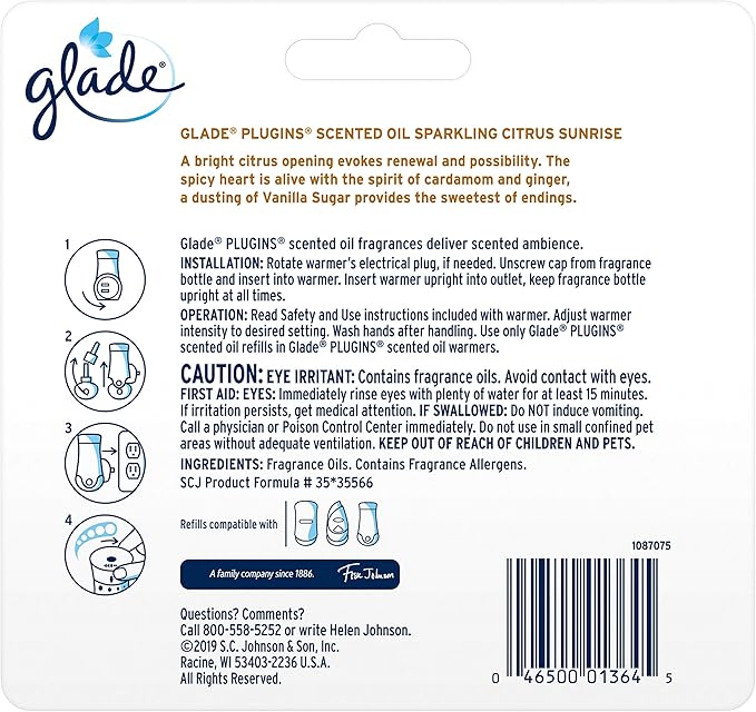Glade PlugIns Scented Oil Air Freshener Refill - Sparkling Citrus Sunrise Scent - 3 Count Oil Refills Per Package (0.67 Ounce Each) - One (1) Package (Total - 2.01 Fl. Oz.)