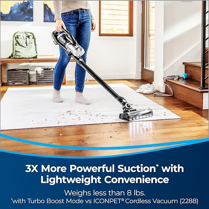 Bissell ICONPet Turbo Vacuum with Powerful Turbo Boost Suction Tangle Free Brush Roll &amp Parking Break LED Crevice + Dusting Brush Tool LED Motorized TurboBrush Tool &amp Wall Mount. Color Ma