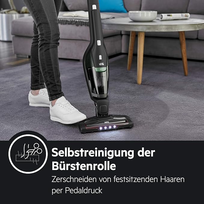 AEG Ergorapido CX7-2-45MÖ 2in1 Akku-Staubsauger (50% Recyclingmaterial beutellos bis zu 45 min Laufzeit freistehend 180° Drehgelenk Bürstenreinigungsfunktion LED-Frontlichter schwarz/grün)