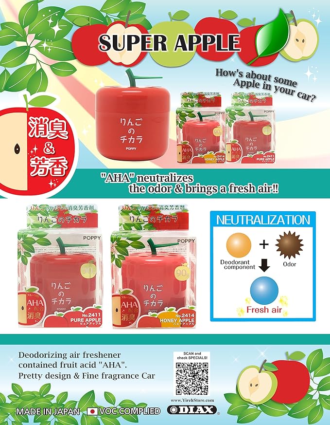 car air freshener Mixed 4 Packs 2X Pure Apple and 2X Honey Apple Scent in Cute Apple Shape Container Best JDM Japan Car Home Office Air Freshener