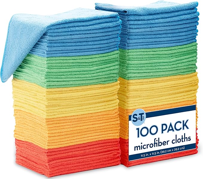S&ampT INC. 100 Pack Microfiber Cleaning Cloth Bulk Towels for Home Reusable Microfiber Towels for Cars Cleaning Rags Assorted 11.5 Inches x 11.5 Inches 100 Count