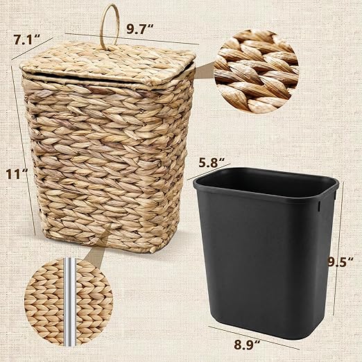 2.6 Gallon Wicker Trash Can with Lid Handwoven Water Hyacinth Wastebasket with Removable Plastic Inner Bin Small Decorative Rattan Trash Can for Bathroom Bedroom Office Kitchen