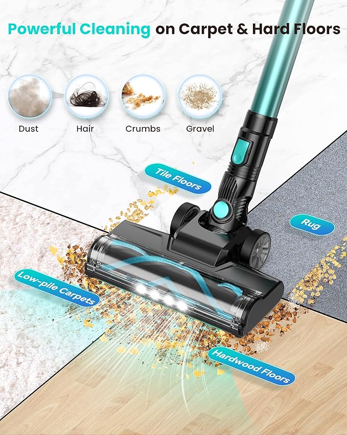 N3T Cordless Vacuum CleanerWireless Stick Vacuum with 40mins RuntimeSelf-StandingAnti-Tangle BrushRechargeable Lightweight Vacuum Cleaner for HomeHardwood FloorPet Hair Carpet-Cyan Green