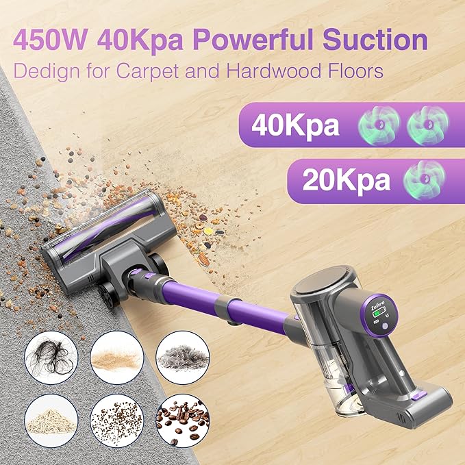 Zefiro Cordless Vacuum Cleaner for Home450W /40Kpa 50Mins Stick VacuumAnti-Tangle 1.5L Dust Cup Rechargeable Wireless Handheld Vacuum for Pet Hair/Carpet/Floor