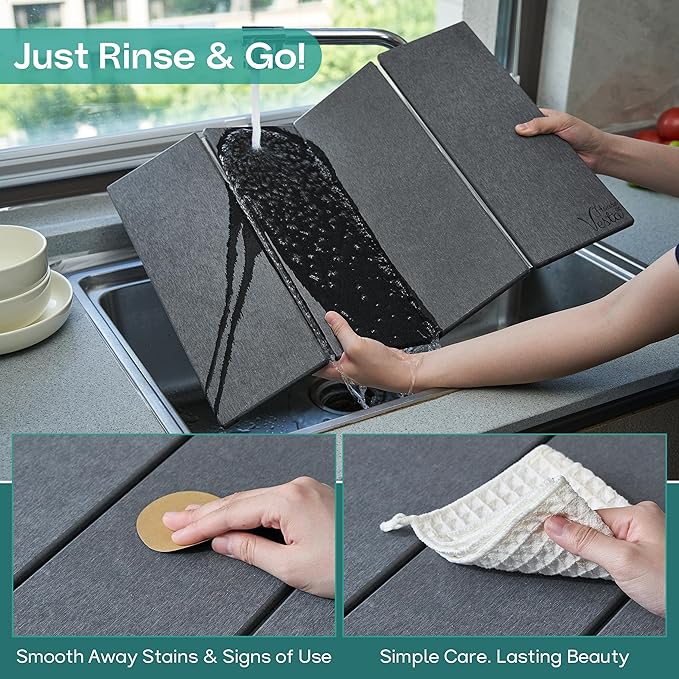 Stone Drying Mat For Kitchen Counter Diatomaceous Stone Dish Drying Mat For Kitchen - Quick Drying Dish Mat - Water Absorbing Stone Tray Foldable Eco-Friendly Gray Color (23.5 x 15.4)