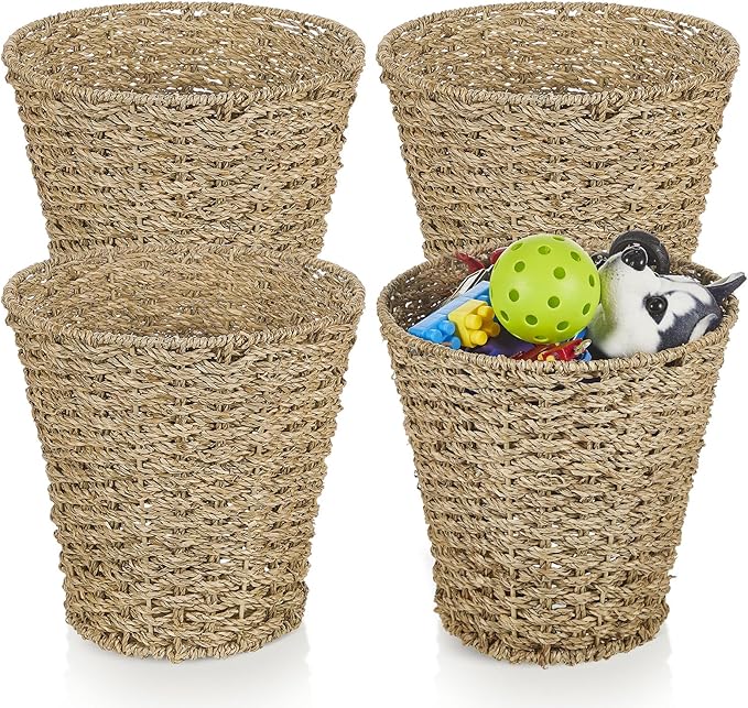 Hushee 4 Pcs Seagrass Waste Basket 3 Gallons Wicker Waste Basket Woven Rattan Trash Can Boho Wicker Garbage Can for Bathroom Bedroom Kitchen Offices Home Brown