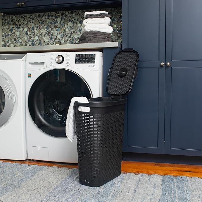 Mind Reader Slim Laundry Hamper with Lid 40L Clothes Basket Narrow Tapered Design with Ventilated Cutout Pattern Plastic Set of 2 Black