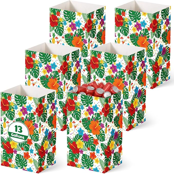 Tinlade 6 Pack 13 Gallon Tropical Disposable Trash Cans Extra Large Thickened Waterproof Reusable Garbage Bins Foldable Pop up Bins with Palm Leaves Hibiscus Flower for Summer Pool Beach Luau Party