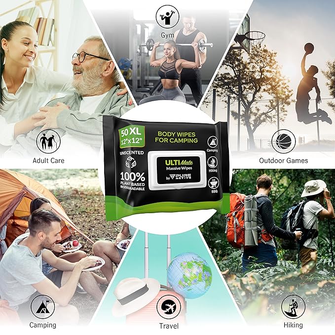 Body Wipes for Camping 50 XXL Camping Wipes 12''x 12'' Shower Body Wipes for Camping Body and Face Wipes Biodegradable Personal Hygiene Body Cleansing Wipes for Women Men Kids Elderly Travel