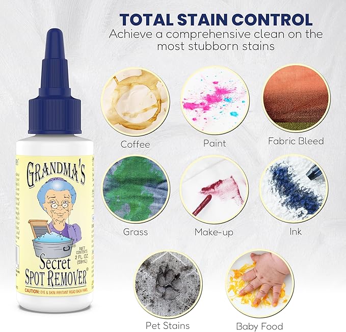 Grandma's Secret Spot Remover - Chlorine Bleach and Toxin-Free Fabric Stain Remover for Clothes - Removes Oil Paint Blood and Pet Stains – 2 Ounce 6 Pack