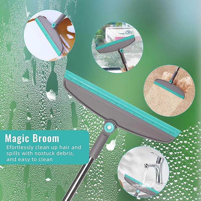 Broom with Dustpan Combo Set Silicone Broom Squeegee and Scrub Brush Set with Long Adjustable Handle for Indoor &amp Outdoor Sweeping and Scrubbing Ideal for Pet Hair Liquids and Dirt