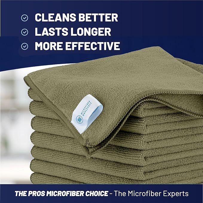 MW Pro Microfiber Cleaning Cloth | Olive | 12 Pack | 16” x 16” | All Purpose Microfiber Towels - Clean Dust Polish Scrub Absorbent