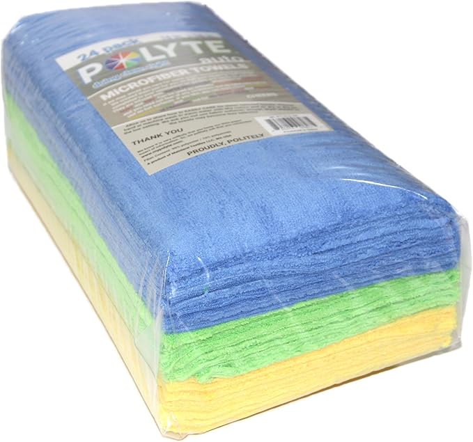 POLYTE Microfiber Cleaning Towel Ultrasonic Cut Edgeless (16x16 24 Pack Premium BlueGreenYellow)