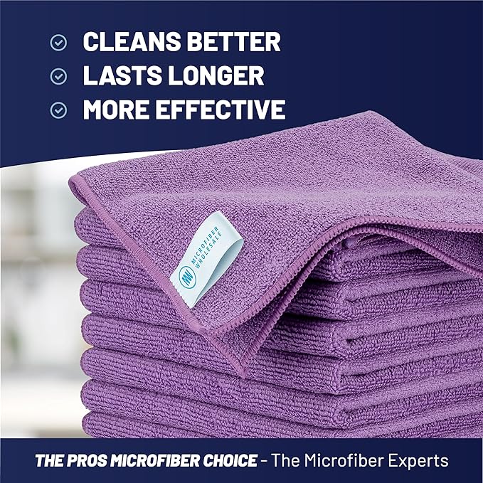 MW Pro Microfiber Cleaning Cloth | Purple | 12 Pack | 16” x 16” | All Purpose Microfiber Towels - Clean Dust Polish Scrub Absorbent