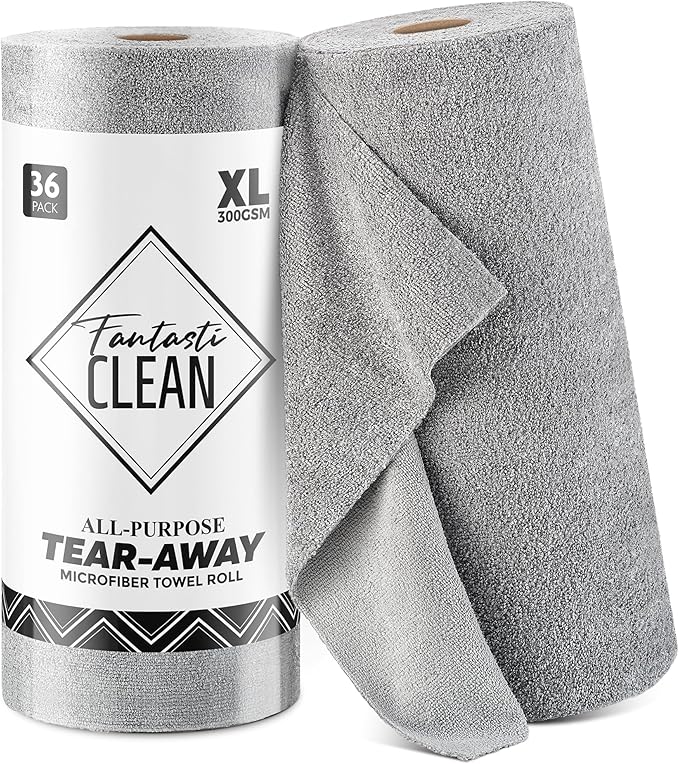 Fantasticlean Tear-Away Microfiber Cleaning Cloth Roll 12'' by 12''- 36 Sheets Thick &amp Large Detailing Towels Ultra Absorbent Lint-Free Reusable Wipes for Home Car or Outdoor (Glossy Grey)