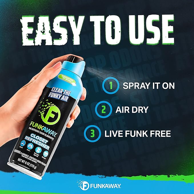 FunkAway Extreme Odor Eliminating Closet Refresher AeroSpray 6 oz. Odor Eliminating Spray Removes Musty Stuffy Sweaty and Stinky Airborne Odors