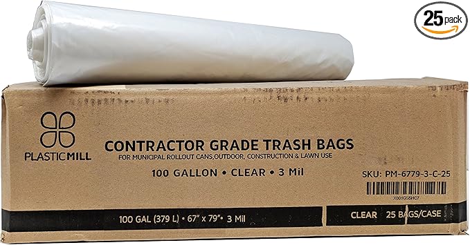PlasticMill Contractor Bags Heavy Duty - Commercial Industrial Garbage Bags - Clear Construction Trash Bags - Outdoor Garden Trash Bags 100-Gallon 3 Mil 67x79 (25-Count)