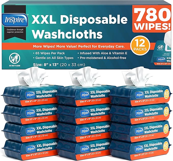Inspire Adult Wet Wipes Wash Cloths for Incontinence &amp Cleansing for Elderly 8x13 (780 Count)