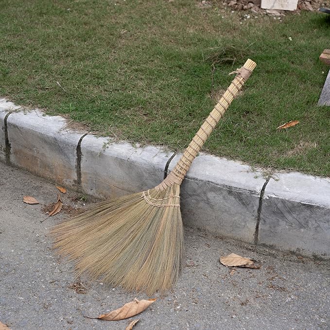 Outdoor Broom for Floor Cleaning 43.3'' Length Heavy-Duty Natural Grass Broom for Sweeping Concrete Courtyard Garage Patio Indoor Home Kitchen Office Lobby