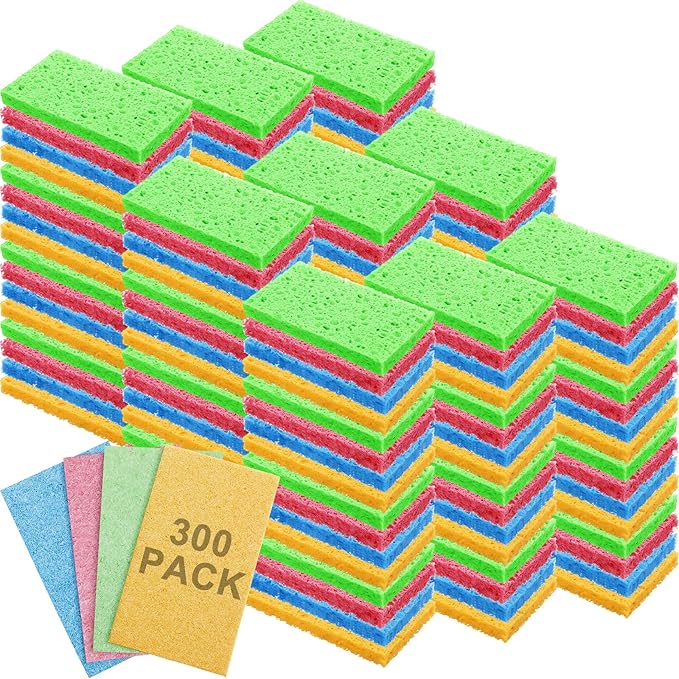 Zhengmy 300 Pieces Sponges Kitchen Compressed Sponges Bulk Natural Dish Sponge Compressed Wood Pulp Cleaning Sponge Without Scratching for Kitchen Bathroom 3.9 x 2.4 x 0.12 Inch (Multicolor)