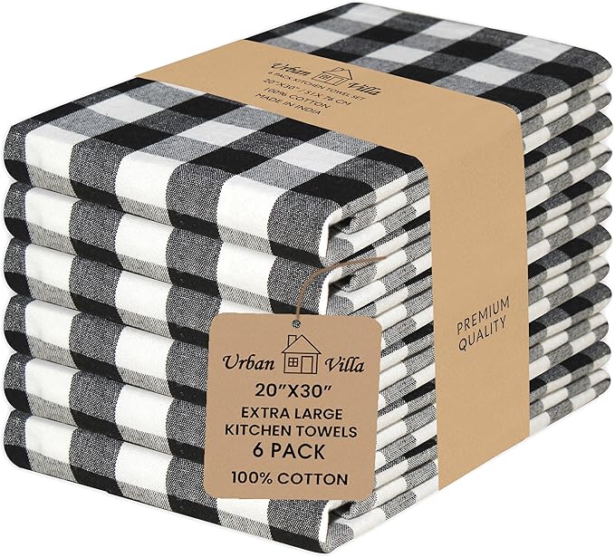 Urban Villa Kitchen Towels 100% Cotton Dish Towels for Kitchen (Set of 6) 20”x30” Dish Cloths Highly Absorbent Kitchen Linen Set with Hanging Loop Perfect for Drying Dishes Cleaning – Black White