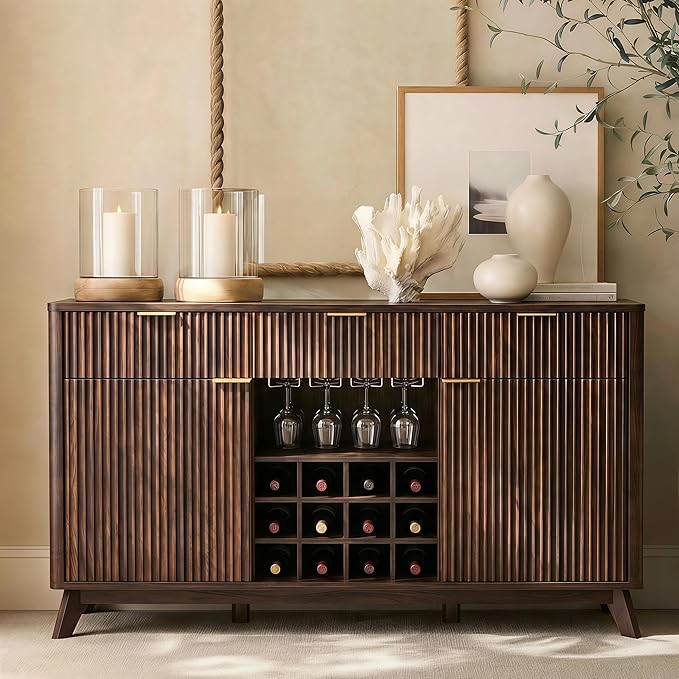 OKD Fluted Wine Bar Cabinet 60 Wide Modern Buffet Sideboard with Ample Storage - 2 Side Cabinets 3 Drawers 4 Glass Holders &amp 12 Wine Racks Coffee Bar Cabinet for Kitchen Dining Room Dark Wa