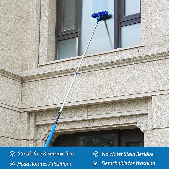 20 Feet High Reach Duster Kit with 5-12 Ft Extension Pole Cobweb Duster with Telescoping Pole Window Squeegee with Scrubber Spider Web Brush High Ceiling Fan Duster for High Window Interior Roof