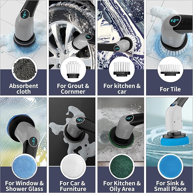 YKYI Electric Spin Scrubber-Cordless Power Scrubber with 8 Brush Heads 3 Speeds &amp Adjustable Long Handle IPX7 Waterproof Shower Cleaning Brush for Bathroom Tile Bathtub Grout Kitchen(Off Grey
