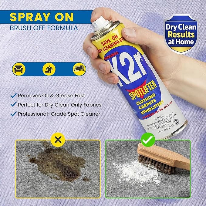 K2R SpotLifter Spot Remover Spray – Quick-Drying Stain Remover for Clothing Carpets Upholstery &amp Wallpaper – Built-In Brush Cap for No-Mess Touch-Ups – 10oz (1 1)