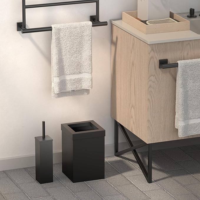Gatco Small Bathroom Trash Can with Lid and Toilet Brush Set Square 3 Gallon Stainless Steel Wastebasket Under Sink Matte Black for Bathroom Bedroom Office (2972)