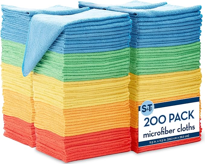 S&ampT INC. 200 Pack Microfiber Cleaning Cloth Bulk Towels for Home Reusable Microfiber Towels for Cars Cleaning Rags Assorted 11.5 Inches x 11.5 Inches 200 Count