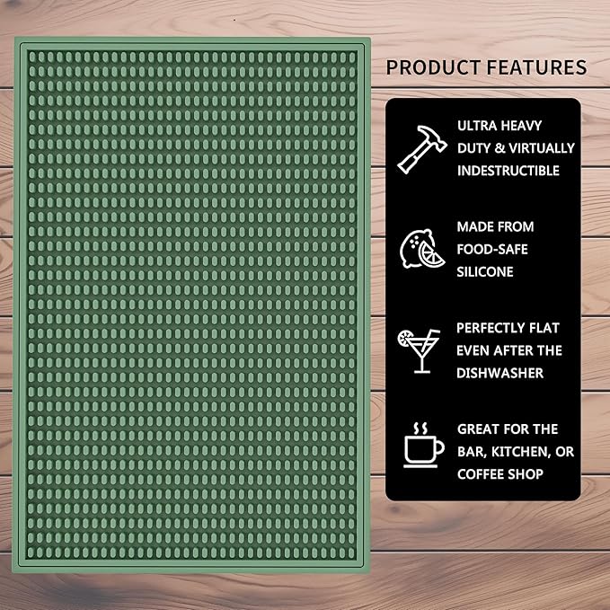 WAFT YEARN 18inX12in Bar Mat Dish Drying Mat Cocktail Service Spill Mats Bartending Countertop Kitchen Coffee Bar Silicone Non Slip Durable Flexible Absorbent Spill Resistant Rubber Heavy Duty Green