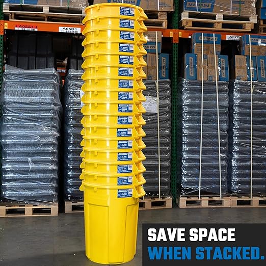 Magnum Yellow 32 Gallon Trash Can Set (Trash Can Quiet Dolly and Reinforced Lid) Construction Grade Jobsite Ready Non-Marking Wheels &amp Casters for Rolling Garbage CMTC-CLD0-32Y04 (4 Set)