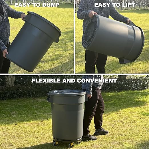 32 Gallon Outdoor Trash Can with Wheels Rolling Trash Can with Lid &amp Sturdy Handle Commercial Round Trash Cans Outdoor Garbage Can for Kitchen Garage Backyard and Patio (32 Gallon 1 Pack)