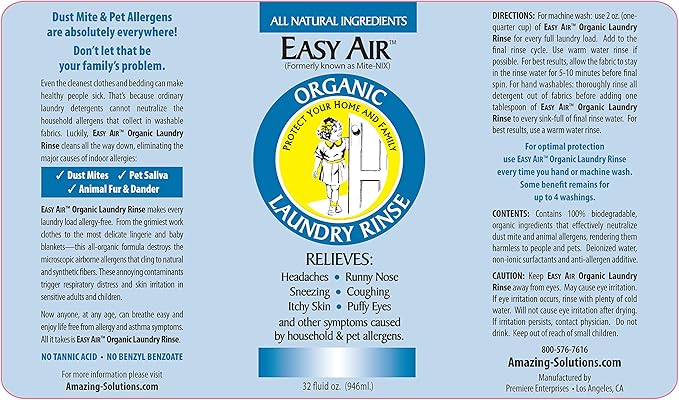 Easy Air Organic Allergy Relief Laundry Rinse Hypoallergenic &amp Fragrance Free Eliminate Odors. Asthma &amp Allergy Safe for Babies &amp Pets - 32 Fl Oz