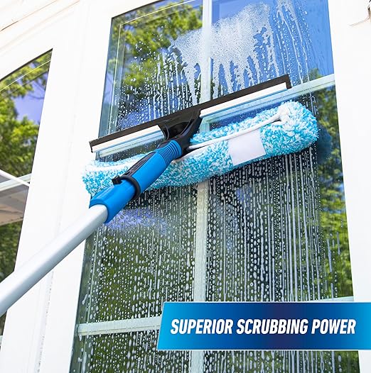 Unger Professional 2-in-1 Squeegee and Scrubber 14” Window Cleaning Tool and 8’ Connect &amp Clean Pole Essential Glass Supplies for Commercial and Residential Use Microfiber Sleeve